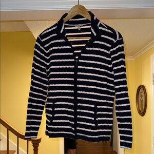 Talbots Navy and White Striped Zip-Up Sweater